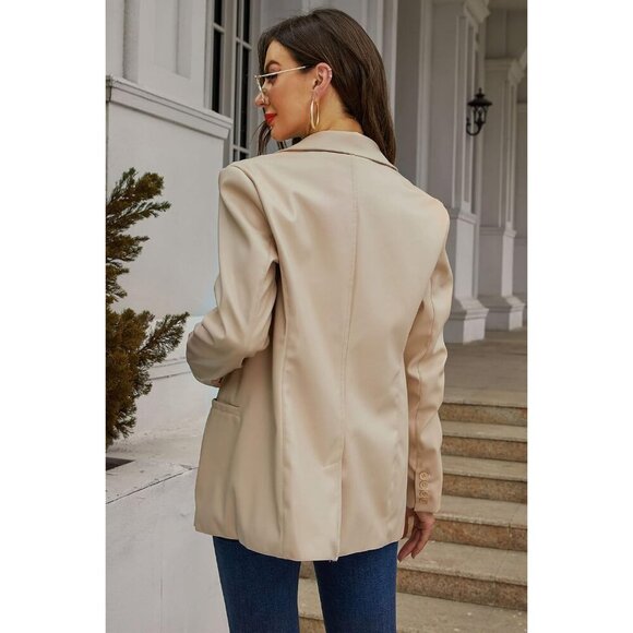 🆕 Women Cream Faux Leather Blazer Jackets Spring Fashion Vegan Button Down Coat - Picture 2 of 6